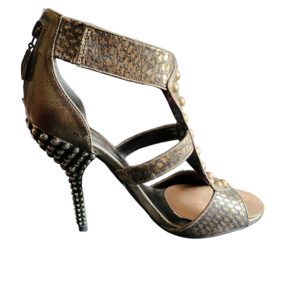 GUESS METALLIC BRONZE GOLD STUDDED GLADIATOR HEELS SIZE 6